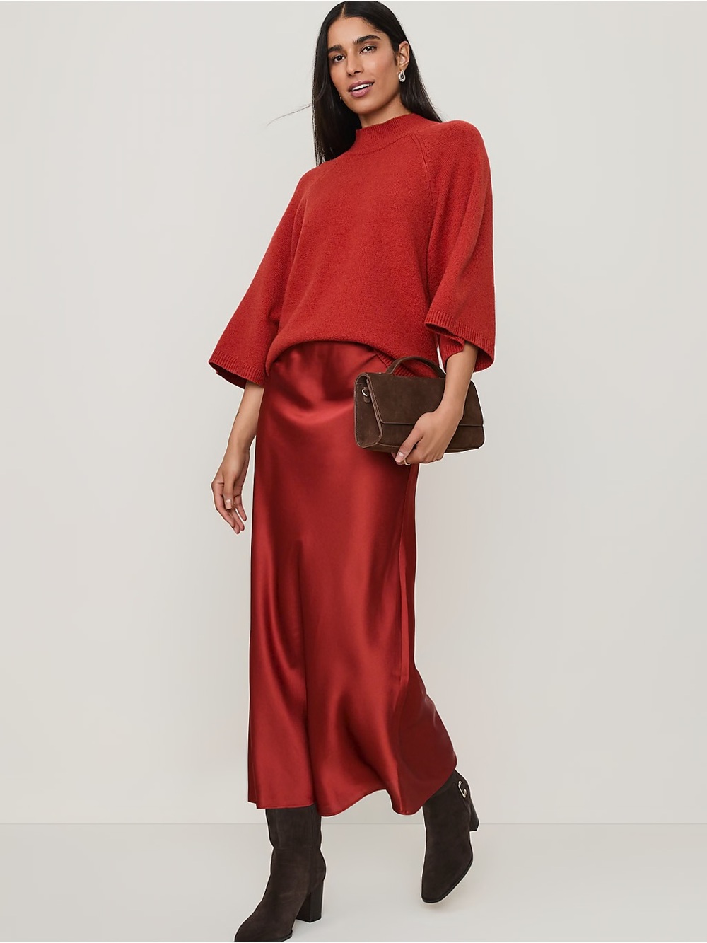 Ann Taylor Midi Slip Skirt in Satin COLOR Red Ochre NWT Womens size xsmall